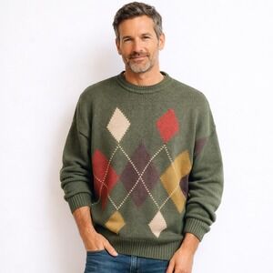 Vtg STONE HAVEN Heavyweight Argyle Sweater Sz L Green Preppy Grandpa Apres-Ski